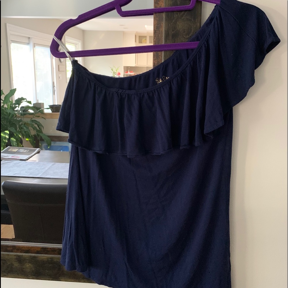 Lilly Pulitzer One Shoulder Ruffle Top, Navy, size medium (large?)